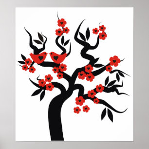 Poster Inséparables noirs rouges sakura cherry tree & Blo