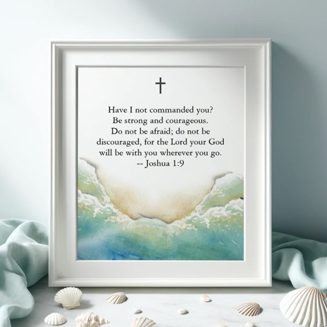 Poster inspirant de la Bible avec Art de Plage (Inspirational poster with Bible verse and watercolor shoreline art by Victoria Grigaliunas)