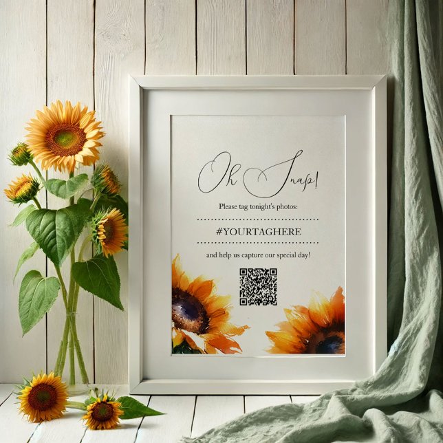 Poster Instagram Mariage Sunflower (Sunflower wedding decor Oh Snap poster with QR code by VG Invites)