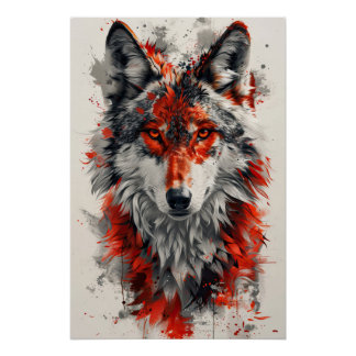 Poster Intense red wolf with striking abstract elements.