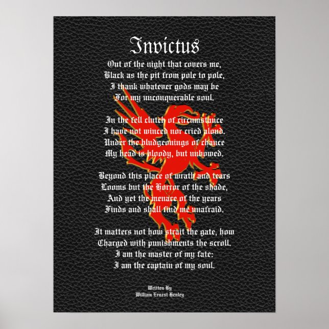Poster Invictus, poème inspirant noir avec griffon (Devant)