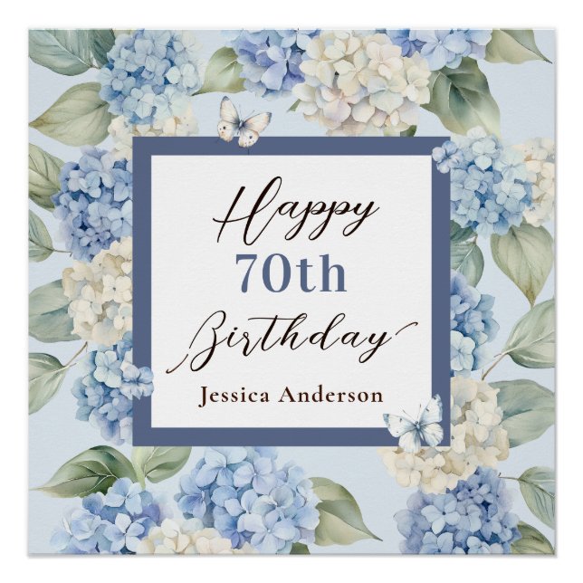 Poster Invitation Anniversaire 70 Ans Hydrangea Bleu Aqua (Devant)