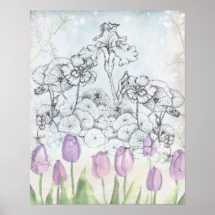 Poster Iris Purple Tulip Aquarelle Fleurs Collage