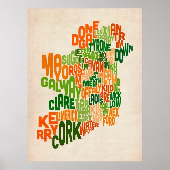 Poster Irlande Eire County - Carte texte (Devant)