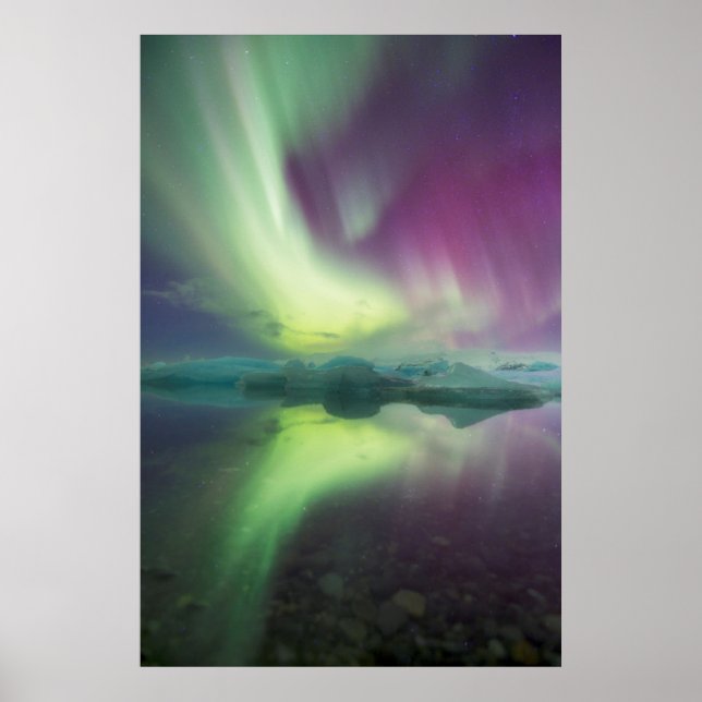 Poster Islande, Jokulsarlon. Reflet des lumières Aurora (Devant)