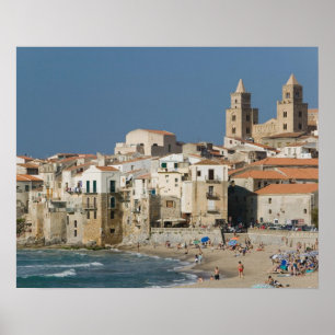 Poster Italie, Sicile, Cefalu, Vue ville avec Duomo de