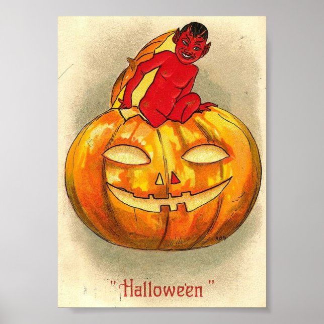 Poster Jack-o'-lantern Devil Vintage Halloween Imprimer (Devant)
