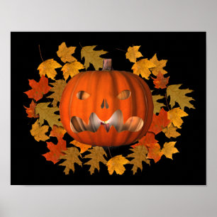 Poster Jack-o'-lantern Moyenne Et Automne Feuilles Hallow