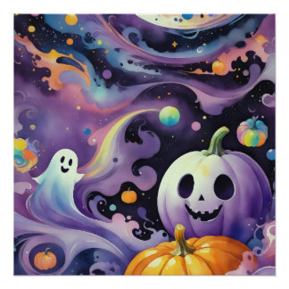 Poster Jack-O'-Lanterns et des fantômes amis dans l'espac