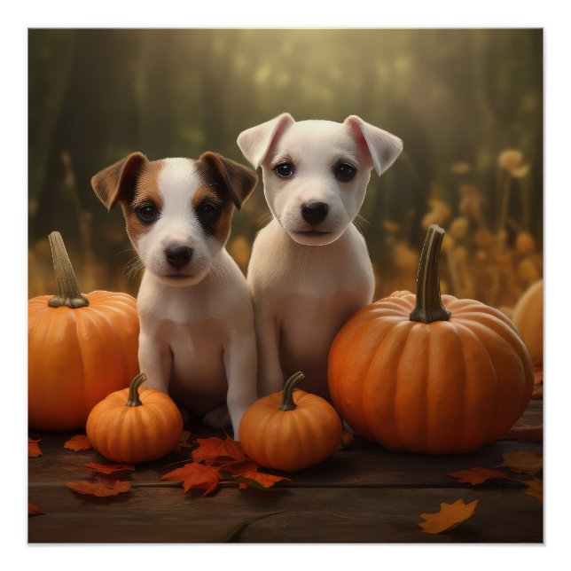Poster Jack Russell Puppy Automne Citrouille de plaisir (Devant)