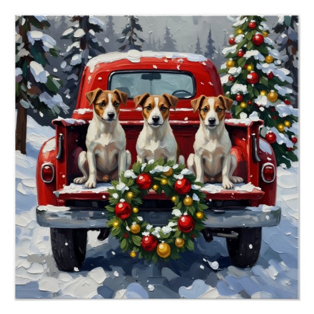 Poster Jack Russell Terrier Noël Camion Rouge Fêtes (Devant)
