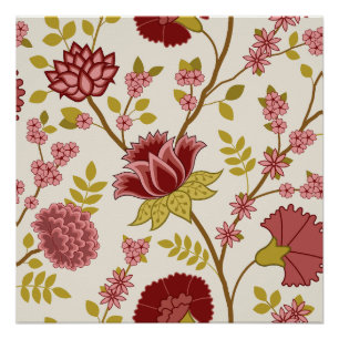 Poster Jacobean Floral Lg Motif Reds Pinks Gold Crème