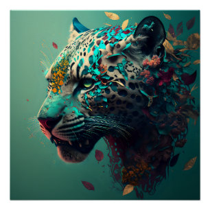 Poster Jaguar turquoise et or floral