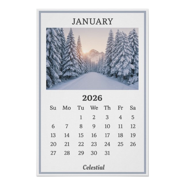 Poster Janvier 2026 Snowy Mountain Calendrier Page (Devant)