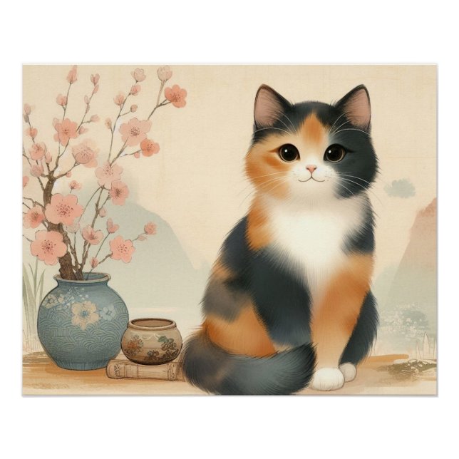 Poster Japanese calico cat and flower (Devant)