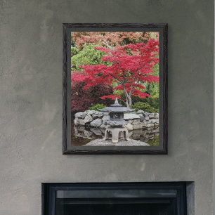 Poster Japanese Garden Lantern and Red Leaves Glossy