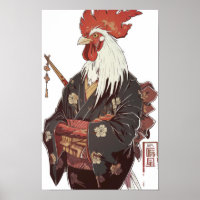 Poster japonais Rooster en Kimono avec baguettes P