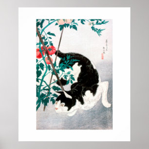 POSTER : JAPONAIS WOODBLOCK : Chat avec tomate