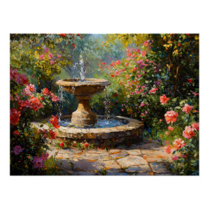 Poster Jardin avec Roses fleuris et fontaine d'eau
