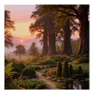 Poster Jardin Enchanté à l'Aube Arbres Majestueux