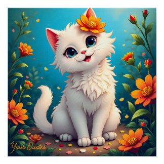 Poster Jardin Fantaisiste d'un Petit Chat Blanc
