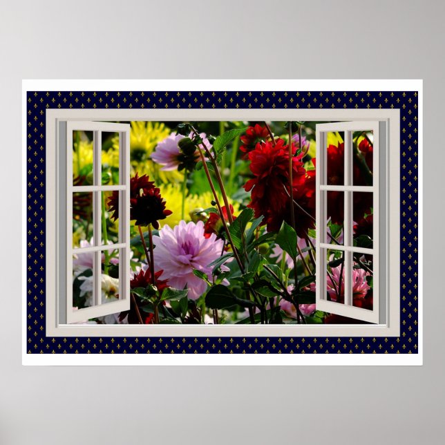 Poster Jardin Fleur, Fenêtre Ouverte, Dahlias (Devant)