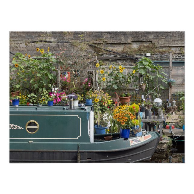 Poster Jardin fleuri et bateau étroit (Devant)
