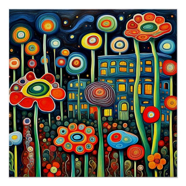 Poster Jardin fleuri nocturne (Devant)