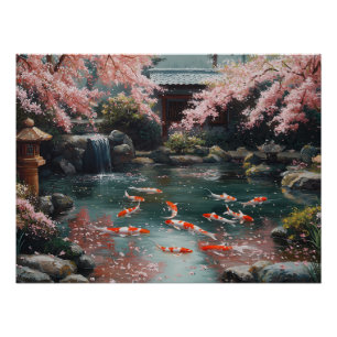 Poster Jardin japonais avec Koi et fleurs de cerisiers