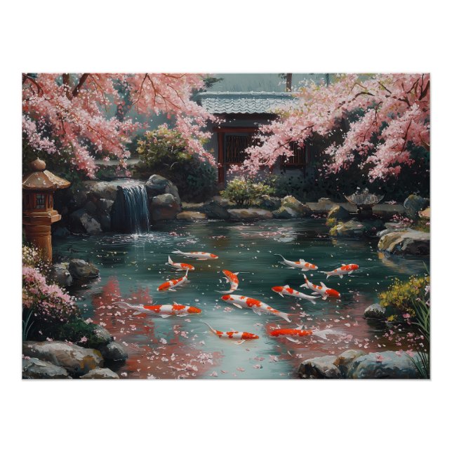 Poster Jardin japonais avec Koi et fleurs de cerisiers (Devant)