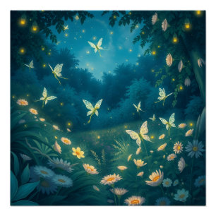 Poster Jardin nocturne avec des fleurs et des lucioles