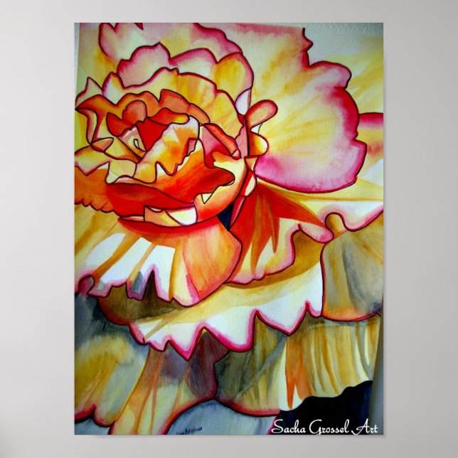 Poster Jaune de la fleur de Begonia aquarelle art origina (Devant)