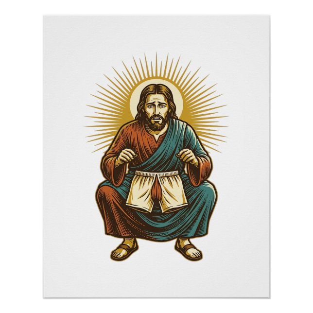 Poster Jésus ajustant un wedgie inconfortable à mi-squat  (Devant)