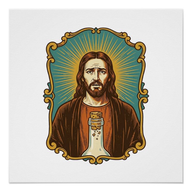 Poster Jésus Bouchon de Vin Cassé Bouteille Sommelier Par (Devant)