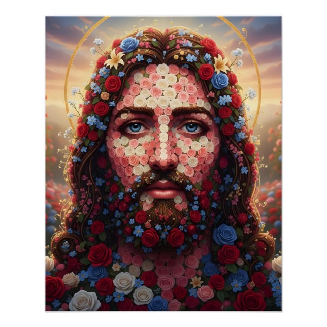 Poster Jesus Christ Floral Mosaic Portrait Spiritual Wall (Devant)