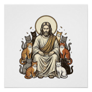 Poster Jésus et Chats Vintage