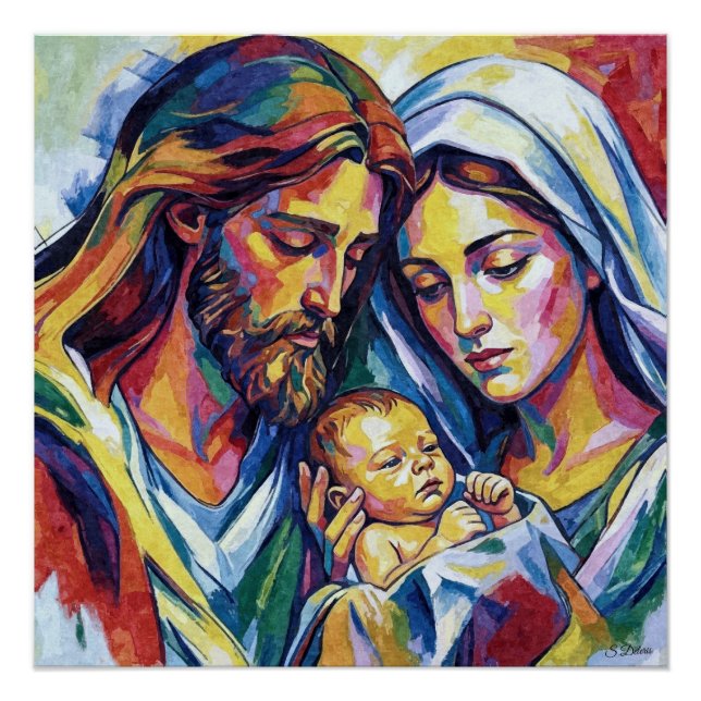 Poster Jésus Marie et Joseph huile expressionniste (Devant)