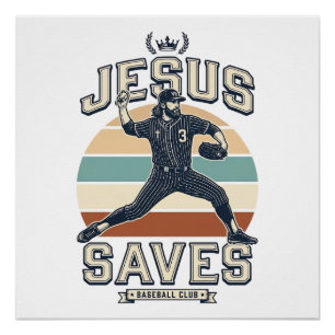Poster Jésus Sauve Baseball Vintage Chrétien Vecteur Desi