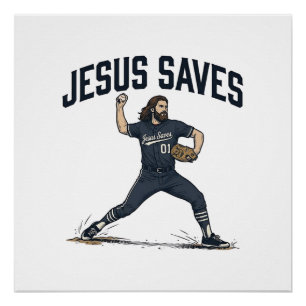 Poster Jésus Sauve Lanceur de Baseball Vintage Gravure Sh