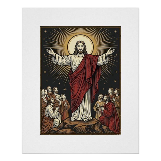 Poster Jésus vintage gloire radieuse gravure chrétienne D (Devant)