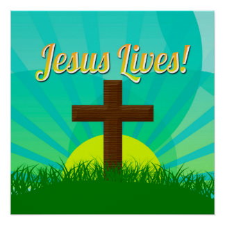 Poster Jésus vit en bleu/Brown Croix de Pâques chrétienne