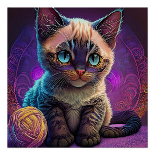 Poster Jeune chaton aux yeux bleus avec une pelote de fil