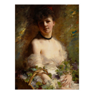Poster Jeune femme avec panier à fleurs