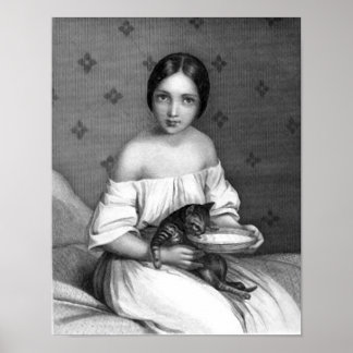 Poster Jeune fille avec chaton et bol de lait
