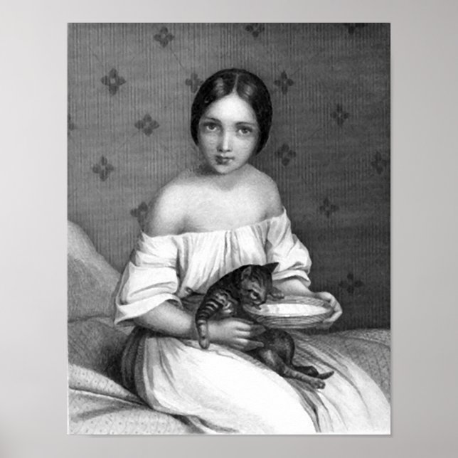 Poster Jeune fille avec chaton et bol de lait (Devant)