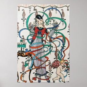 POSTER JEUNE FILLE AVEC RUBAN COLORÉ TOURNE ET CUPIDON