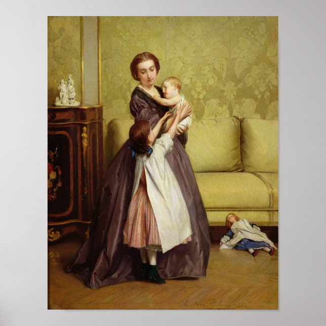 Poster Jeune mère avec ses enfants dans un salon (Devant)