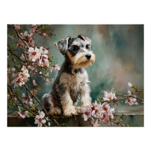 Poster Jeune schnauzer parmi les fleurs de cerisier print