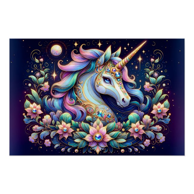 Poster Jewel Toned Unicorn Floral Fantasy (Devant)