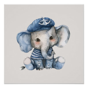 Poster Joli bébé éléphant bleu marin